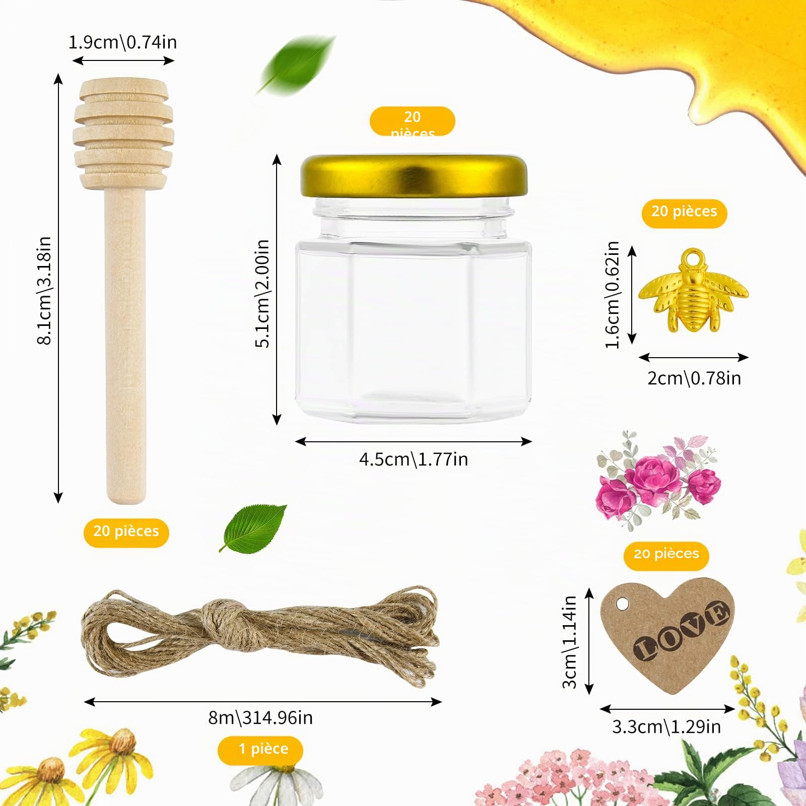 20Pcs 45ml Mini Pots à Miel en Verre Hexagonaux avec Louches en Bois, Pendentifs Abeille, Étiquettes en Papier Kraft, Jute Pots à Confiture, Parfait Babyshower, Faveurs de Mariage (20)