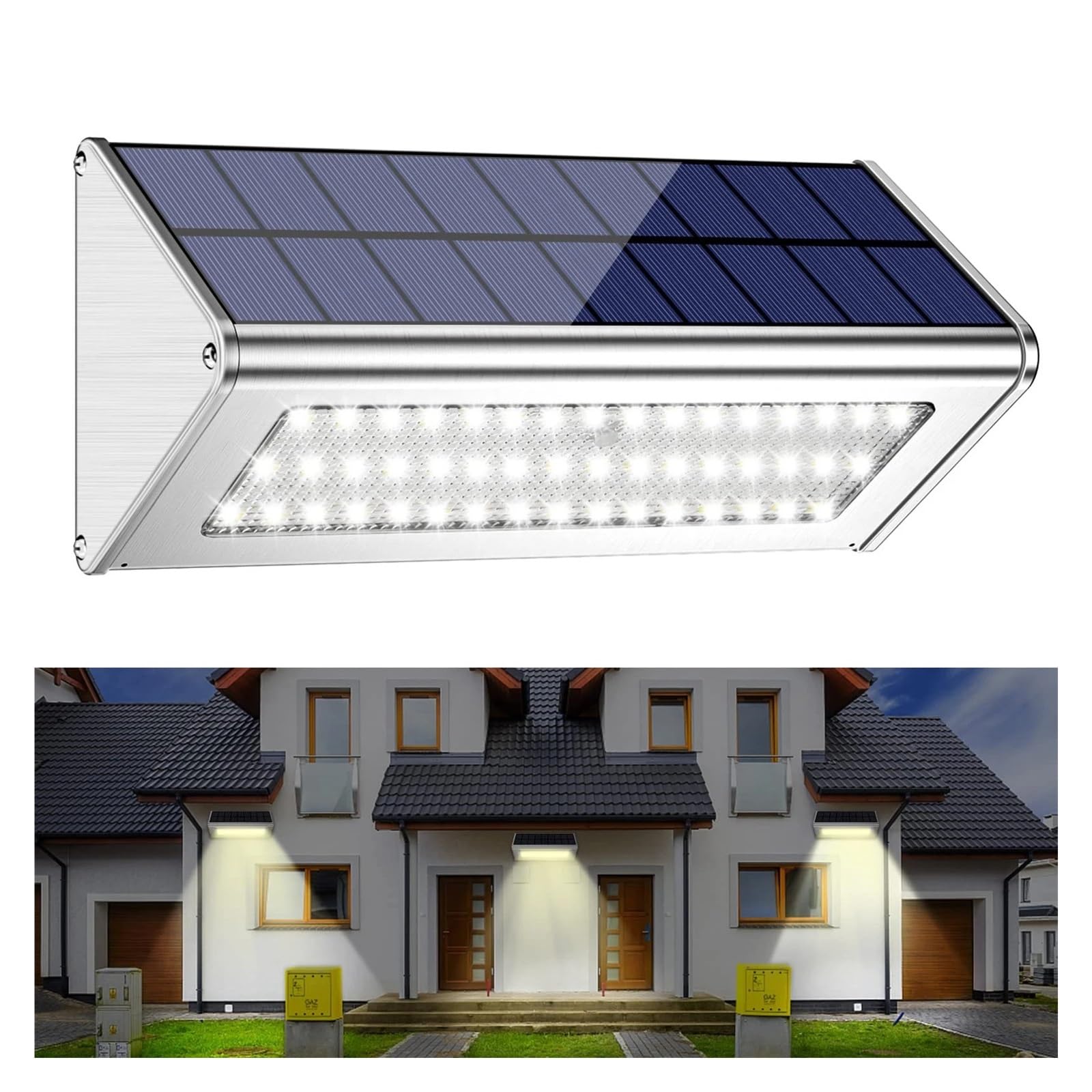 Focos LED Exterior, Luz Solar De 48 LED De Aleación De Aluminio, 4500mAh, Resistente Al Agua For Exteriores, Con Lámpara Solar, Sensor De Movimiento, Radar Aplicable En Porche Y Jardín(Bianco)