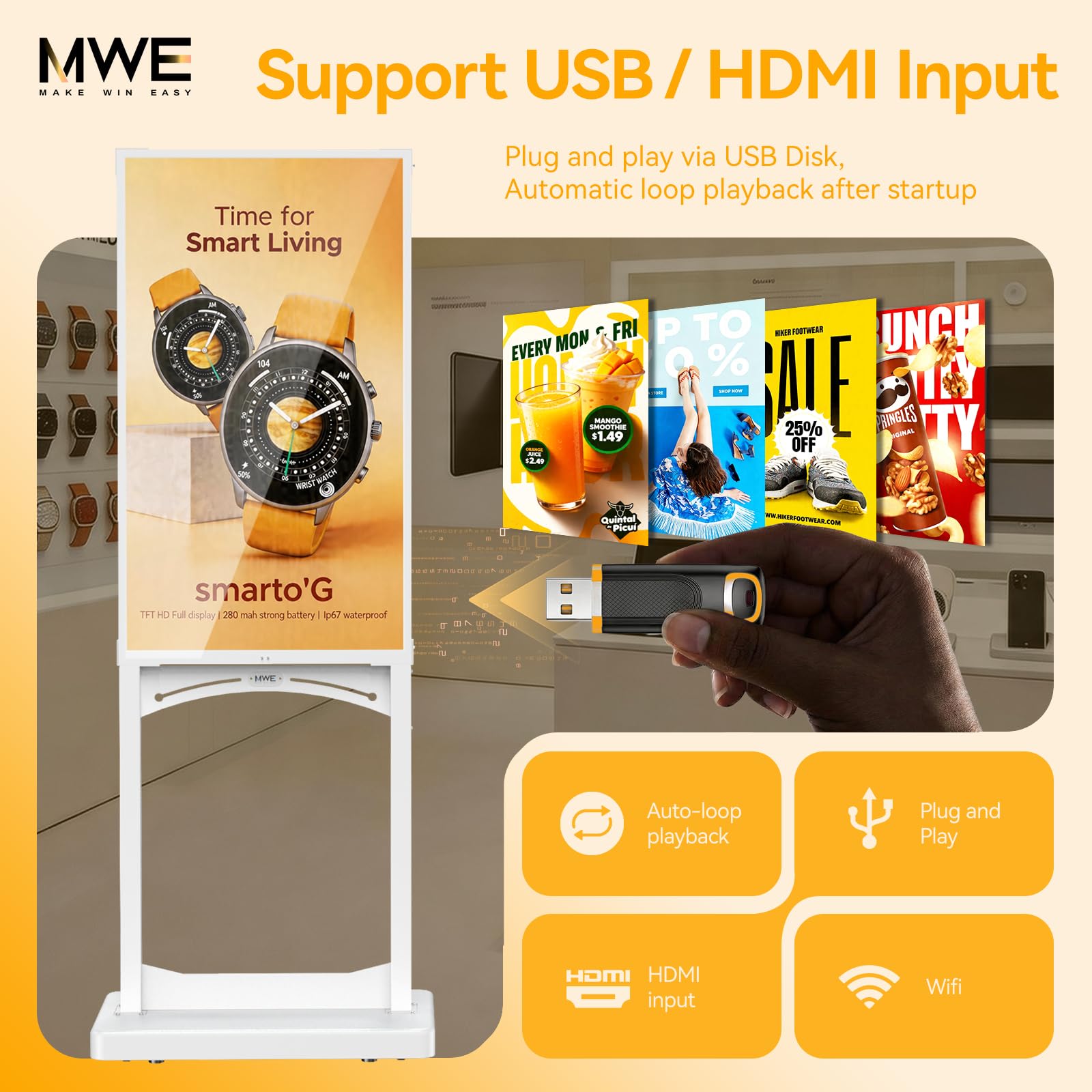 MWE Digitaler Kundenstopper mit Rollen,1000nit Digitale Werbetafel, Digital Signage Display für Fensterwerbung, Stand Up LCD Werbescreen für Werbedisplay, Mieten & Verkauf (43 Zoll)