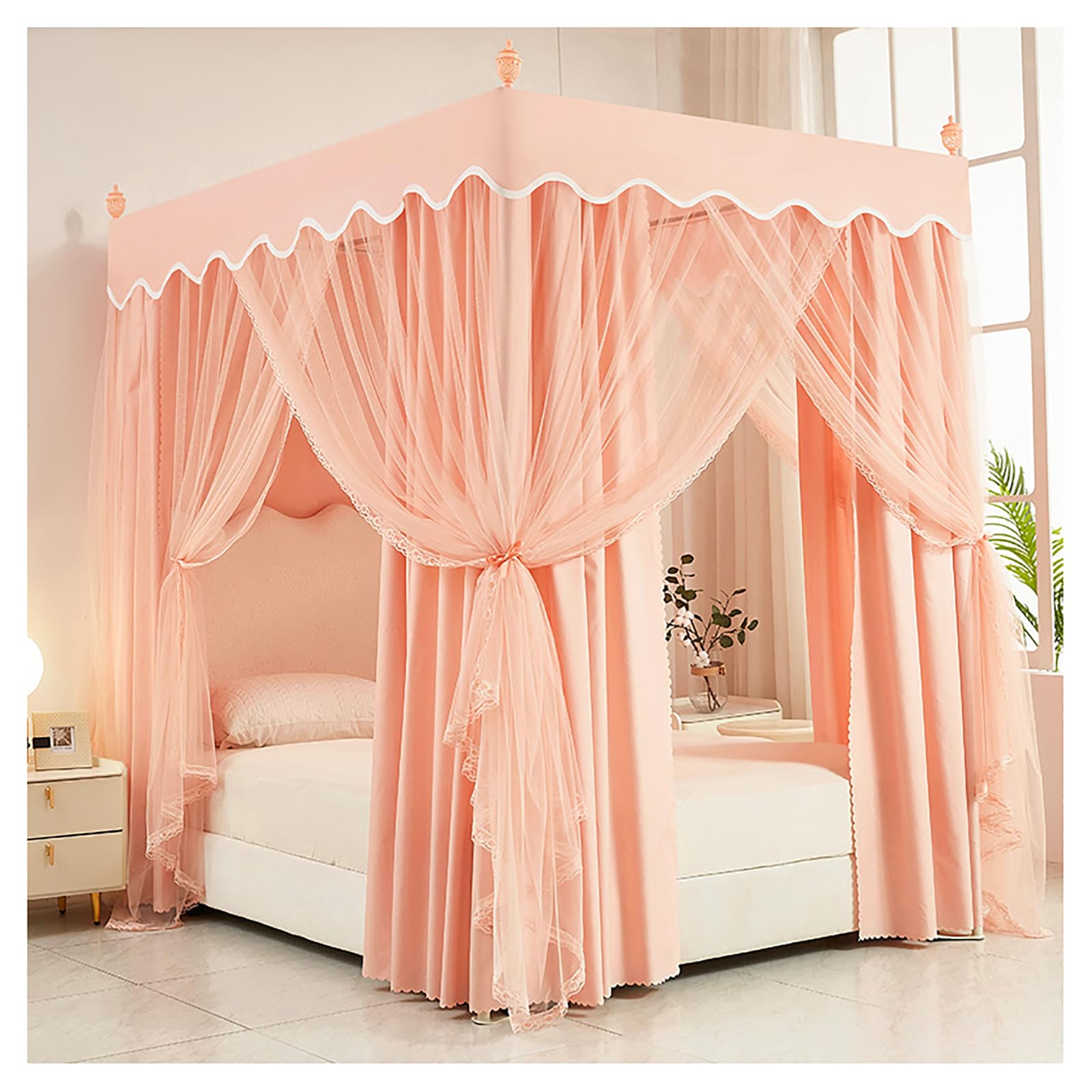 GJMSSMY Canopy Bed Curtains, Bedroom Princess Mosquito Net with Frame 4 Poster Bed Canopy for Girls Bed Canopies & Drapes for Full/King/Queen Size Bed(Size:180×200×200cm,Color:Pink)