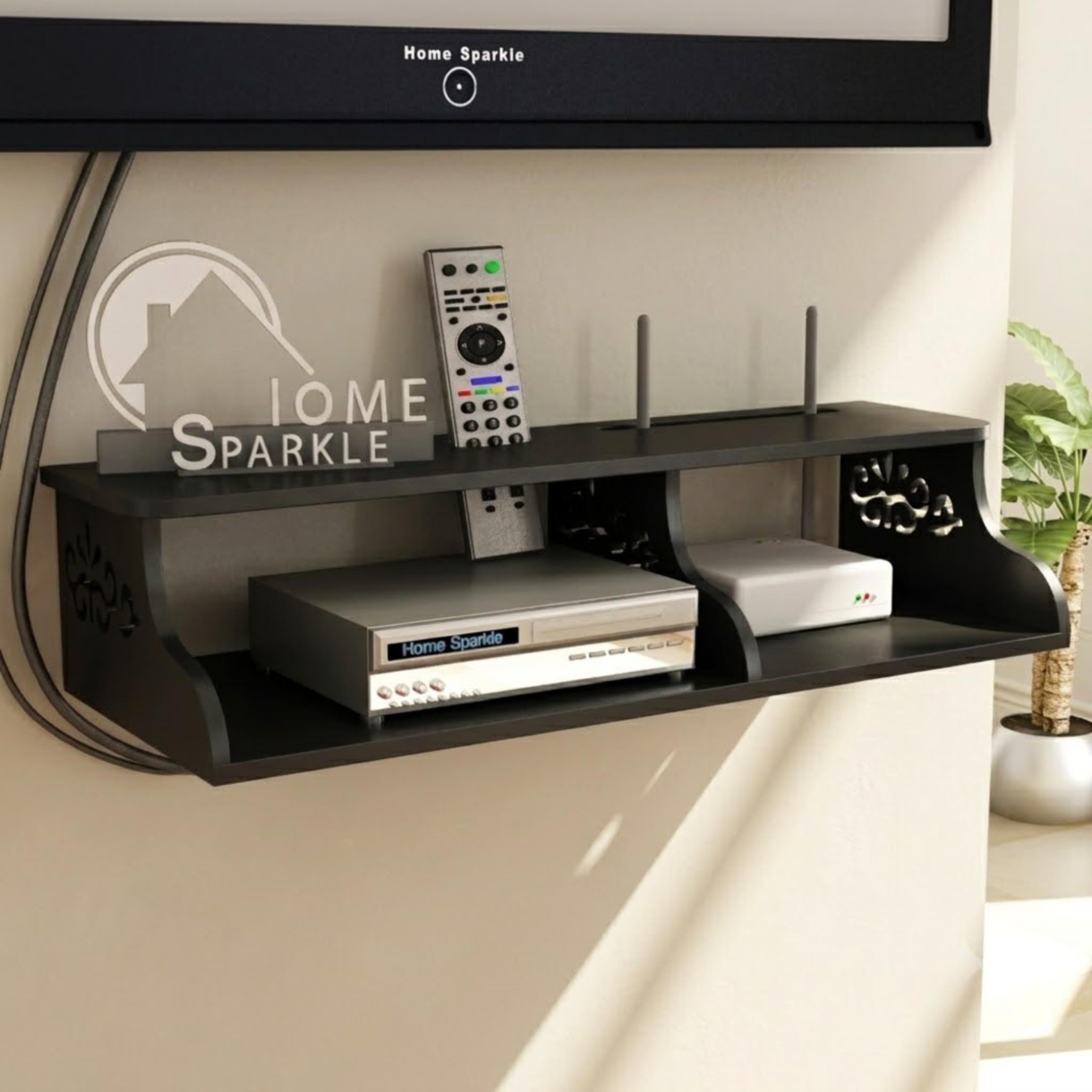 Home Sparkle Wall Mounted TV Stand in Black with Carved Shelves for Set-Top Box and Wi-Fi Router-image-47