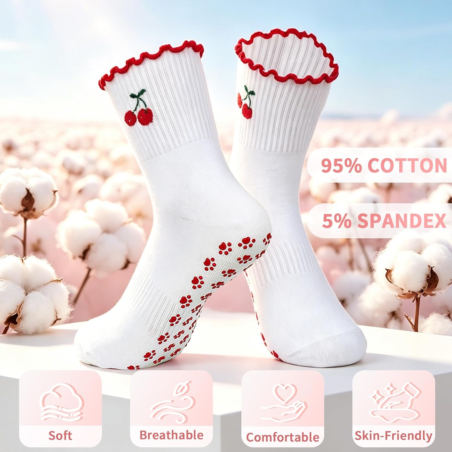 MEIXINZHI 4 Pairs Pilates Socks with Grip for Women Non Slip Cute Socks for Yoga, Barre, Hospital, Womens Gifts, Grippy Socks