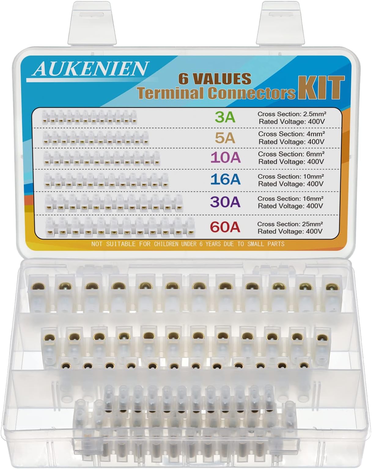 AUKENIEN 6Values Electrical Terminal Connectors Blocks Kit 3A 5A 10A 15A 30A 60A 12 Way White Terminals Choc Block Electric Wire Connectors Strips 3 5 10 15 30 60 Amp Connecting Block for Wiring Cable