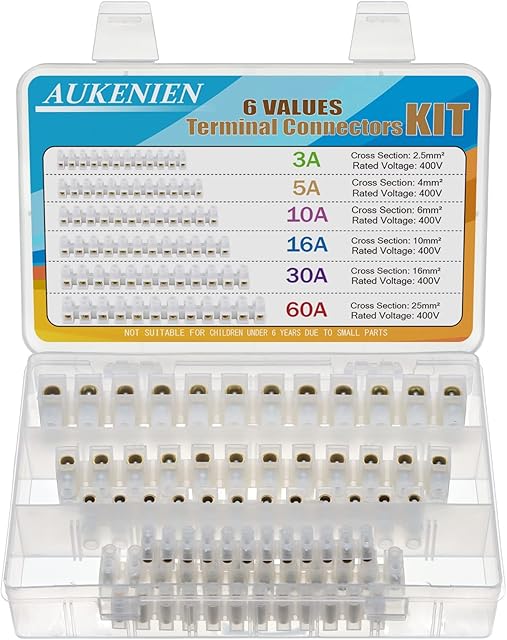 AUKENIEN 6Values Electrical Terminal Connectors Blocks Kit 3A 5A 10A 15A 30A 60A 12 Way White Terminals Choc Block Electric Wire Connectors Strips 3 5 10 15 30 60 Amp Connecting Block for Wiring Cable