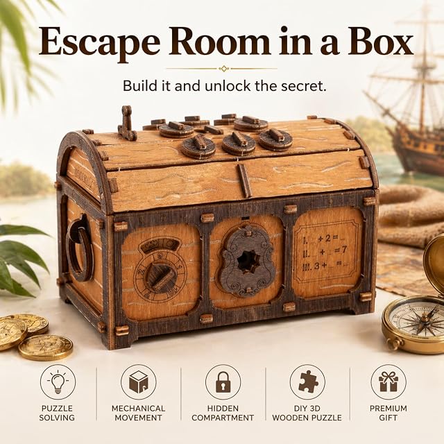 Foto 2 de 8 de WOODEN.CITY Puzzle Box Treasure Chest, Caja Misteriosa, Puzzle 3D de Madera, Juego de Escape Room