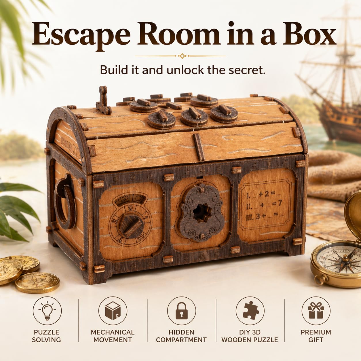 WOODEN.CITY Puzzle Box Treasure Chest, Caja Misteriosa, Puzzle 3D de Madera, Juego de Escape Room, Rompecabezas Interactivo, Caja Secreta Japonesa, Rompecabezas para Adultos, Regalo Original.