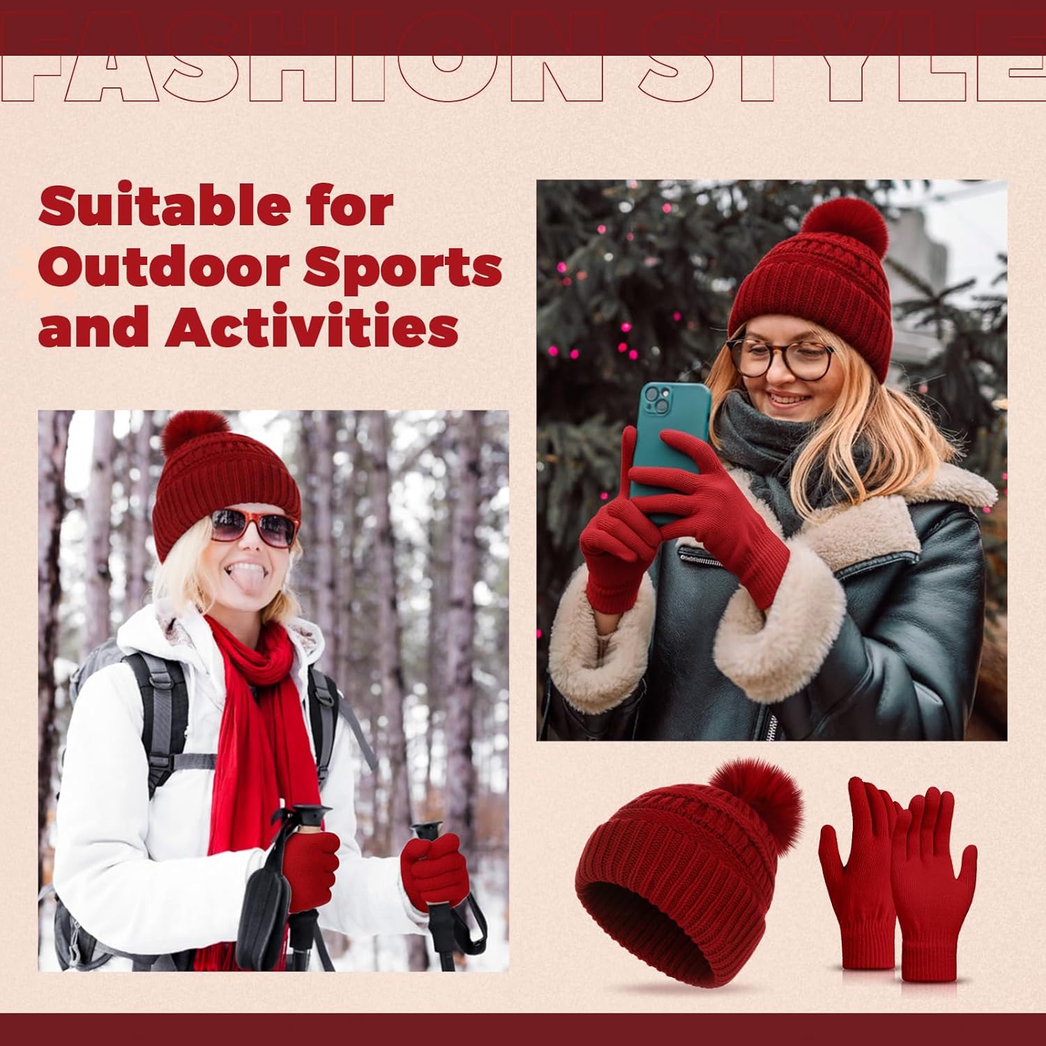 Women's Knitted Beanie Hat Gloves Set Winter Pom Pom Cable Knit Hat with Warm Stretchy Gloves for Women - Image 5