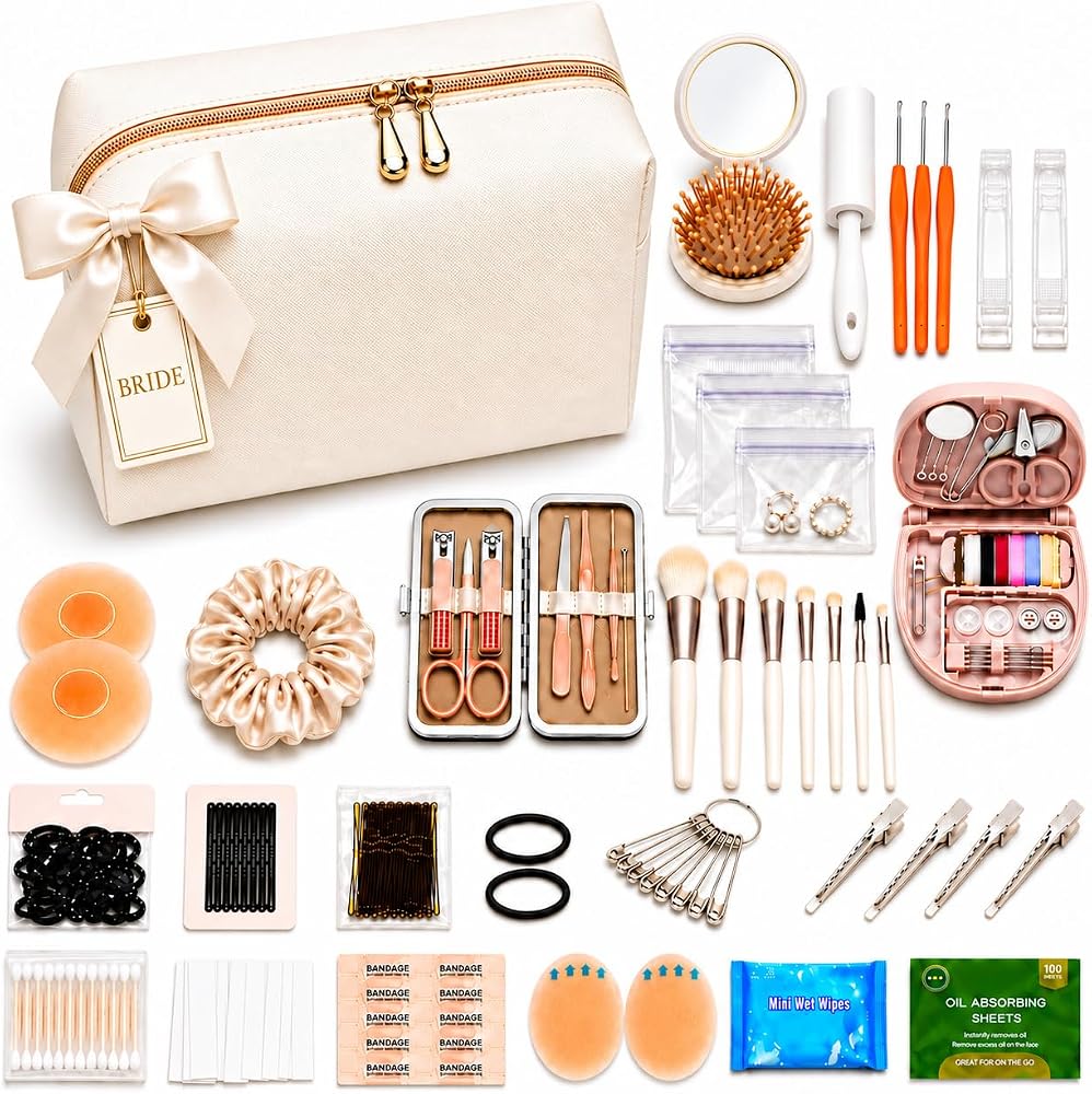 Wedding Emergency Kit for Bride, Bridal Survival Kit for Wedding Day, 100+ Pieces with Champagne Satin Makeup Bag, Lint Roller, Sewing Kit, Fashion Tape, Hair Accessories and Heel Pads — 사진 1