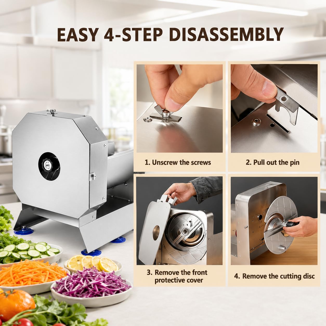 Kommerzieller elektrischer Gemüseschneider, 0–10 mm verstellbar, 75 kg/h | Edelstahlschneider mit abnehmbaren Komponenten zum Schneiden von Tomaten, Zwiebeln, Kartoffeln, Kohl und anderem Gemüse.