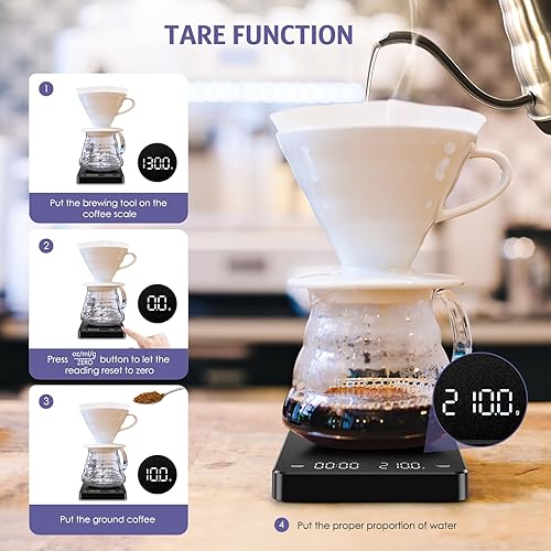 Miniatura 4 de OQIMAX Báscula de café digital con temporizador, báscula de cocina de alta precisión de 6.6 lbs0.00 oz con pantalla LED, botón táctil de alta
