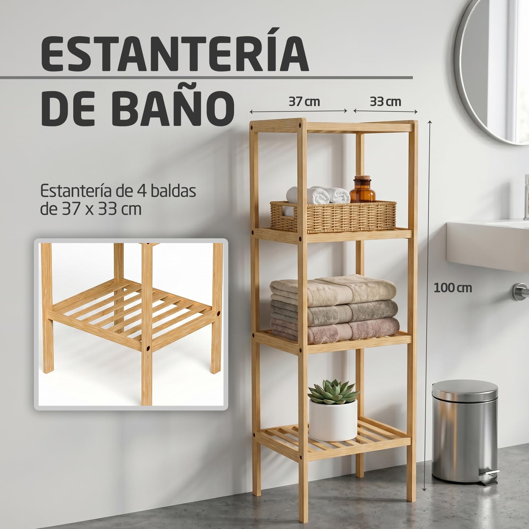 Amig - Estantería bambú para baño Mod. Bam - 4 Alturas - Fabricado en bambú - Diseño de Lamas - para Entrada, Sala de Estar, Cocina, Balcón - 37 x 33 x 110 cm