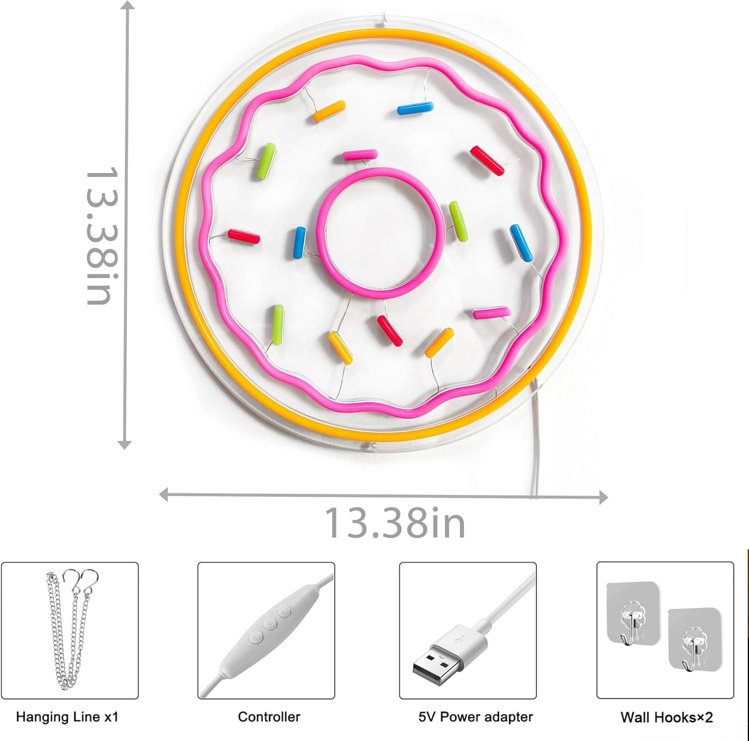Donut Neon Sign, Cute Donut LED Neon Light for Wall Decor, USB Powered Dimmable Food Sign for Bedroom, Living Room, Kitchen, Bakery, Dessert Shop, Donut Party Decor 13.38″ × 13.38″