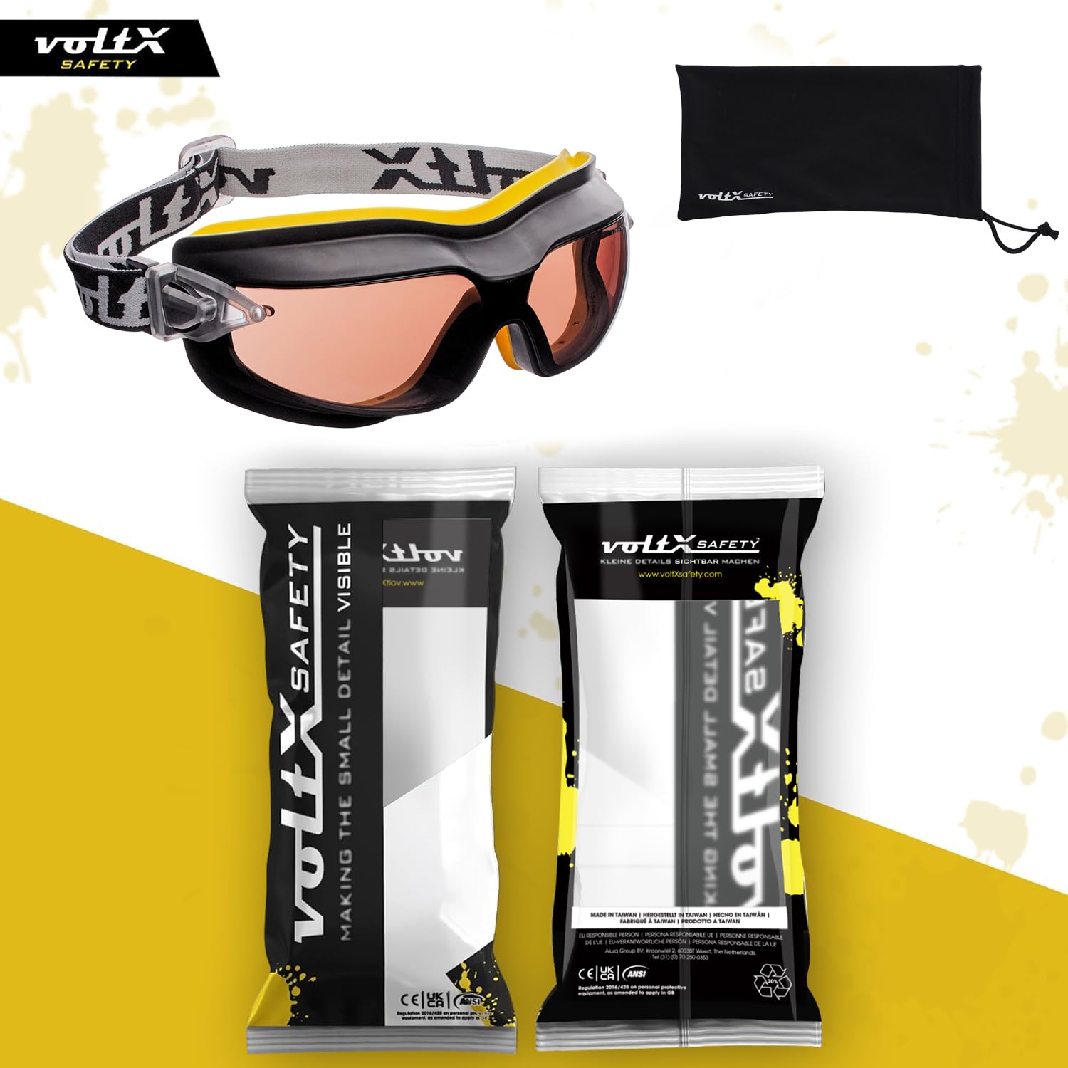 voltX GT DEFENDER Compact Ventilated Safety Goggles Brown, CE EN166FT Certified, Anti fog coated. Includes Microfibre carry bag - Image 3