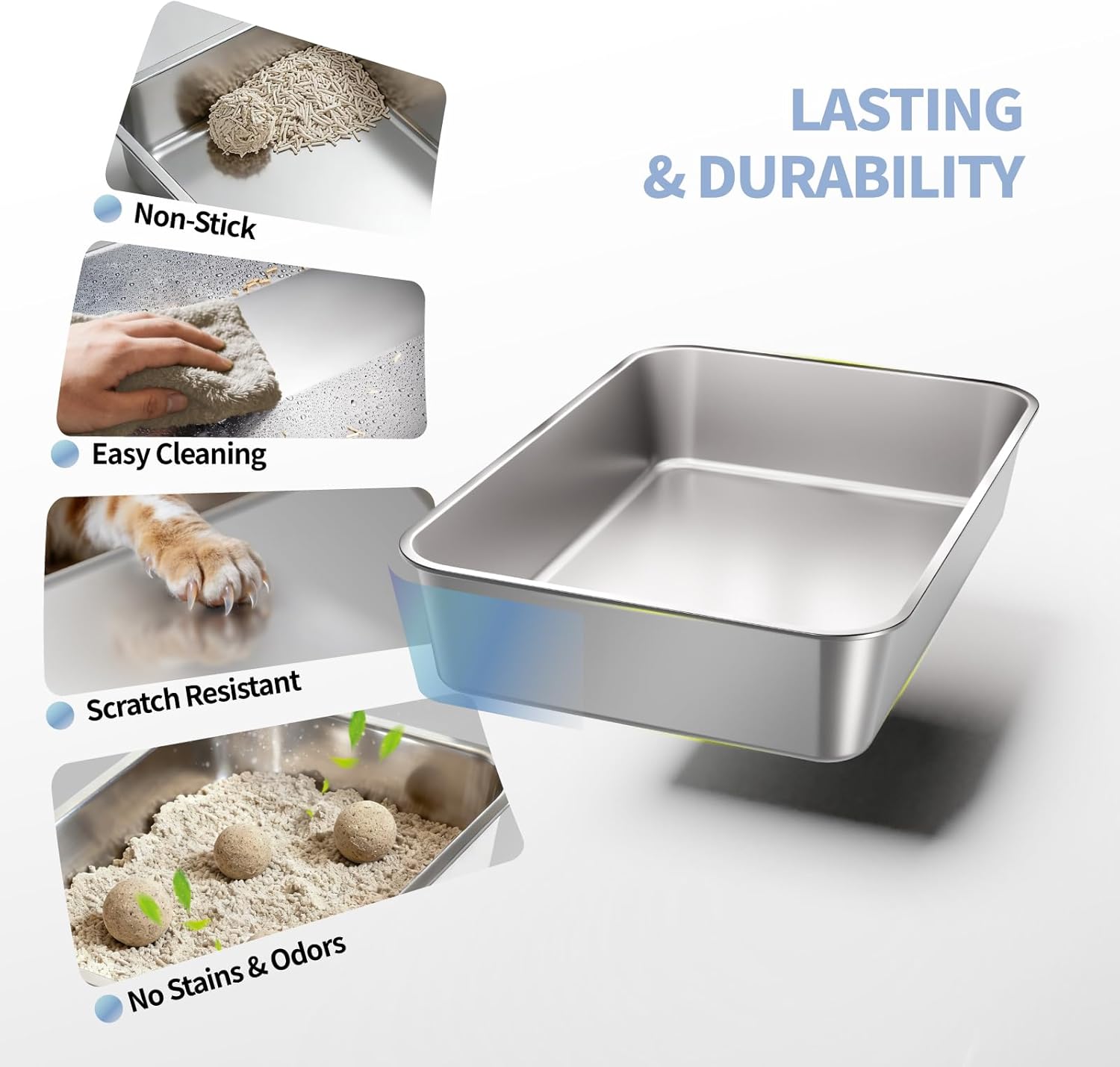 2 Pack XL Stainless Steel Litter Box with Lid, Extra Large Metal Litter Pan for Multi Cats, High Sides with Anti-Leakage Enclosure, Easy Cleaning, Non-Stick, Odor Control,Include Scoops
