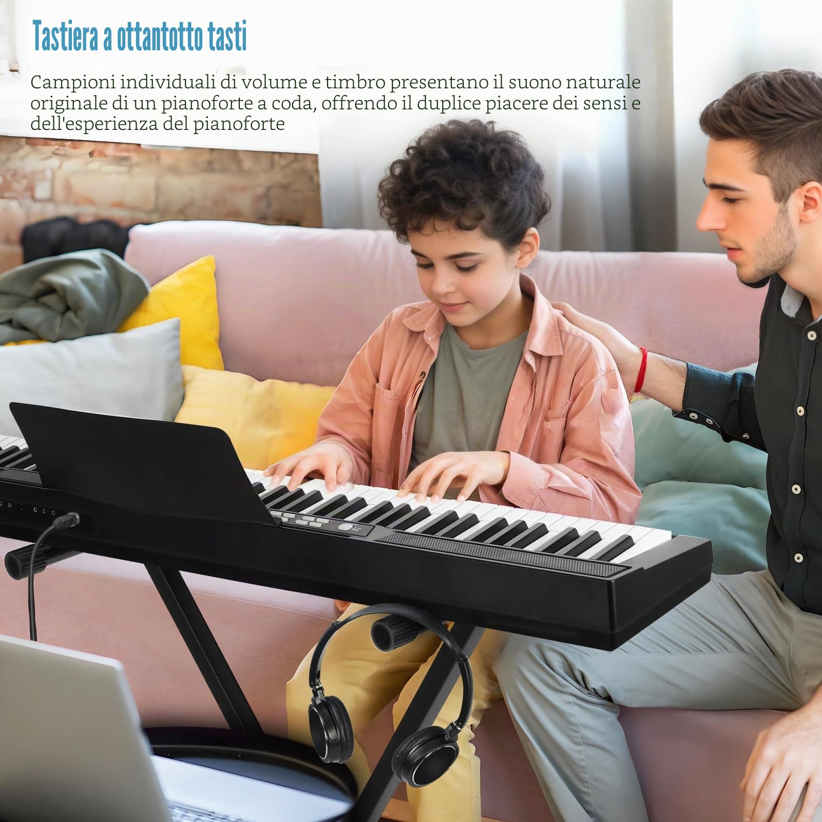 Pianoforte digitale a 88 tasti, tastiera elettrica con tasti semi-pesati, pedale sustain, alimentatore, supporto, custodia, cuffie, per principianti con supporto, nero