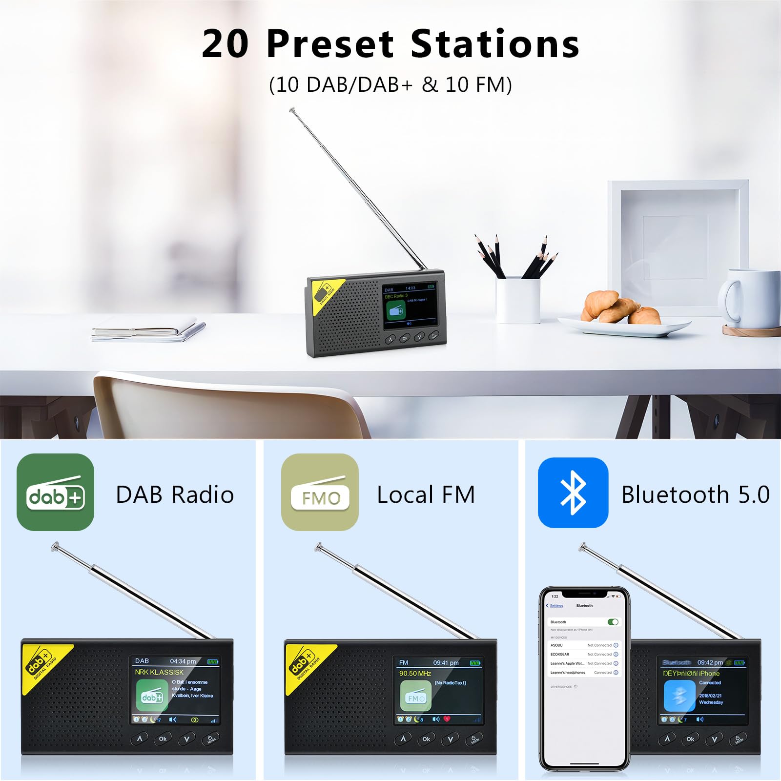 Hikity Radio Dab/Dab+/FM/AUX Portable Rechargeable, Poste Radio Bluetooth Dab Plus, Radio Réveil Dab, Double Réveil, Radio FM de Cuisine, Minuterie Sommeil, 9 Langues