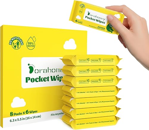 Mini Feuchttücher Reisegröße, 99% Wasser, unparfümiert & hypoallergen, für Hände & Gesicht, Baby Feuchttücher in kleiner Packung, ideal für unterwegs, Camping & Festivals, 48 Stück