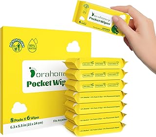 Unscented Travel Wet Wipes, 99% Purified Water Mini Wipes for Sensitive Skin, Hypoallergenic & Plastic-Free Pocket Wipes, 48 Count (8 Packs of 6)