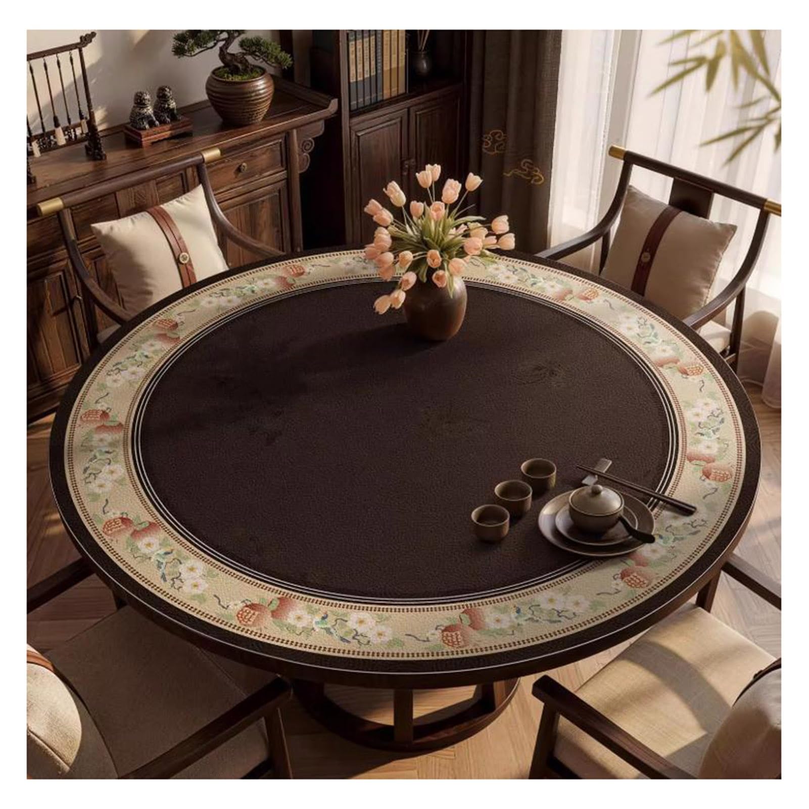 Tapis de salle a manger rond en cuir PU lavable resistant huile et chaleur