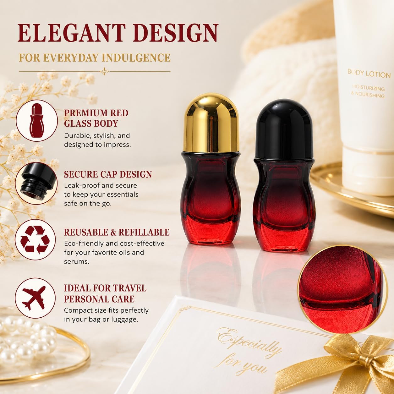 2Pcs 50ML Red Glass Roller Bottles – Refillable Roller Ball Containers with Smooth Applicator, Leakproof Roll On Bottles for Essential Oils, Travel Personal Care Use