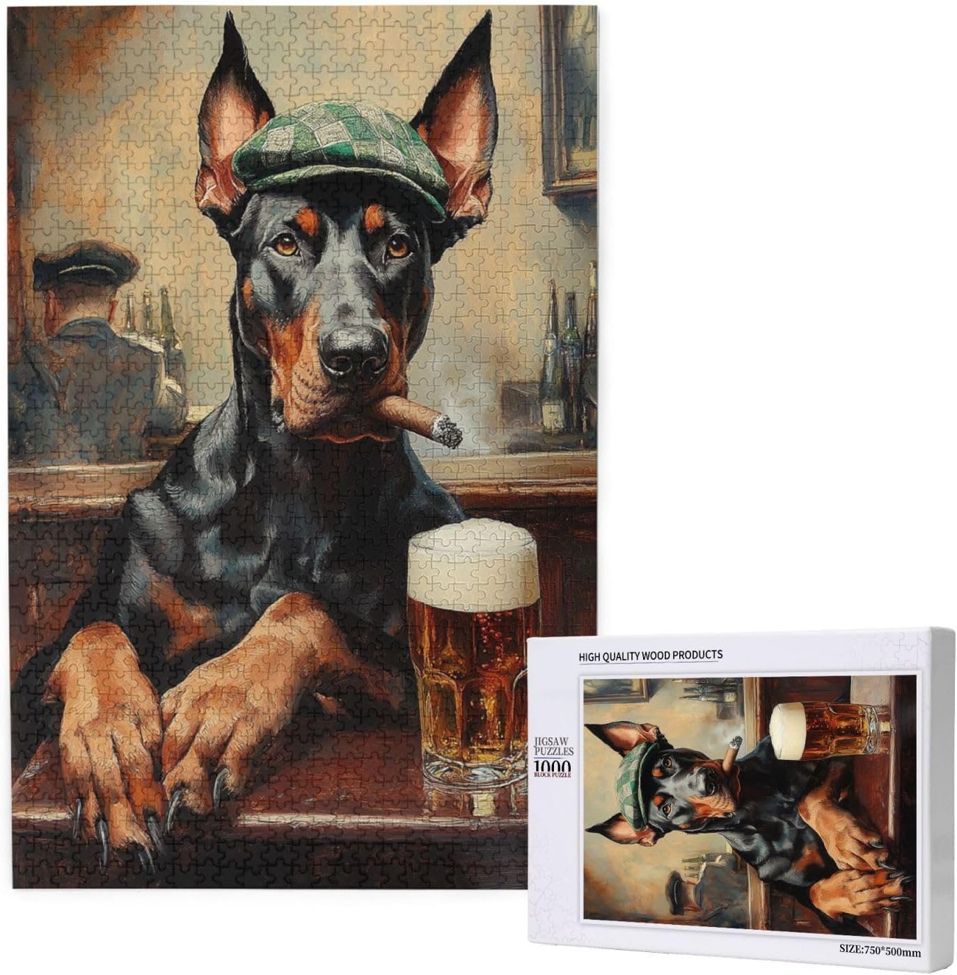 Doberman Pub Scene Wooden Puzzles for Adults 1000 Pieces, Plaid Cap & Cigar Art Jigsaw for Man Cave, Relaxation & Dog Art Enthusiasts，Party Events to Bring People Closer Together