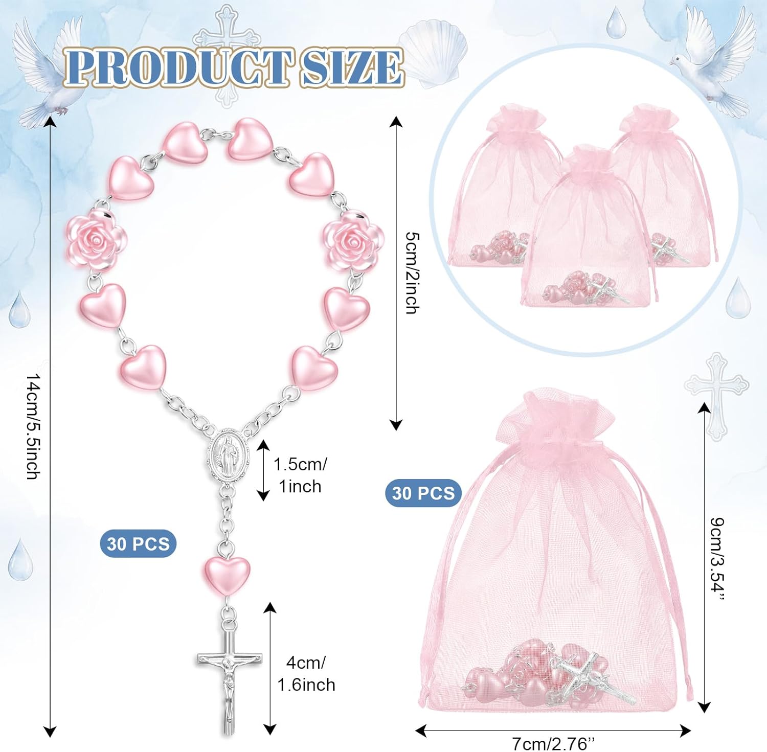 Sureio 30 Pieces Baptism Rosary Catholic Mini Rosaries Baptism Favors for Guests Party Favors Rosary Beads 30 Pcs Organza Bags for Christening Weddings First Communion Gift (Pink)