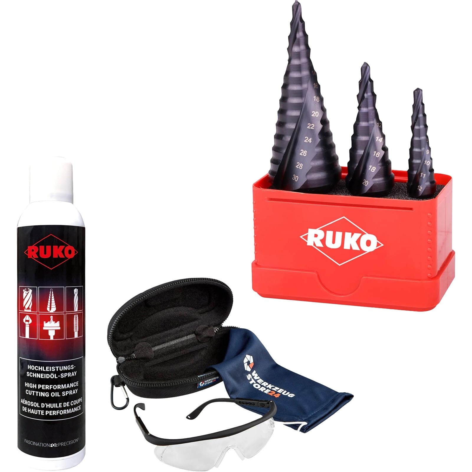 RUKO Stufenbohrer HSS-TiAlN, spiralgenutet mit Kreuzanschliff, Titan-Aluminium-Nitrit-Beschichtung, hohe Schnittleistung, 3-teilig, inkl. Spray & Schutzbrille