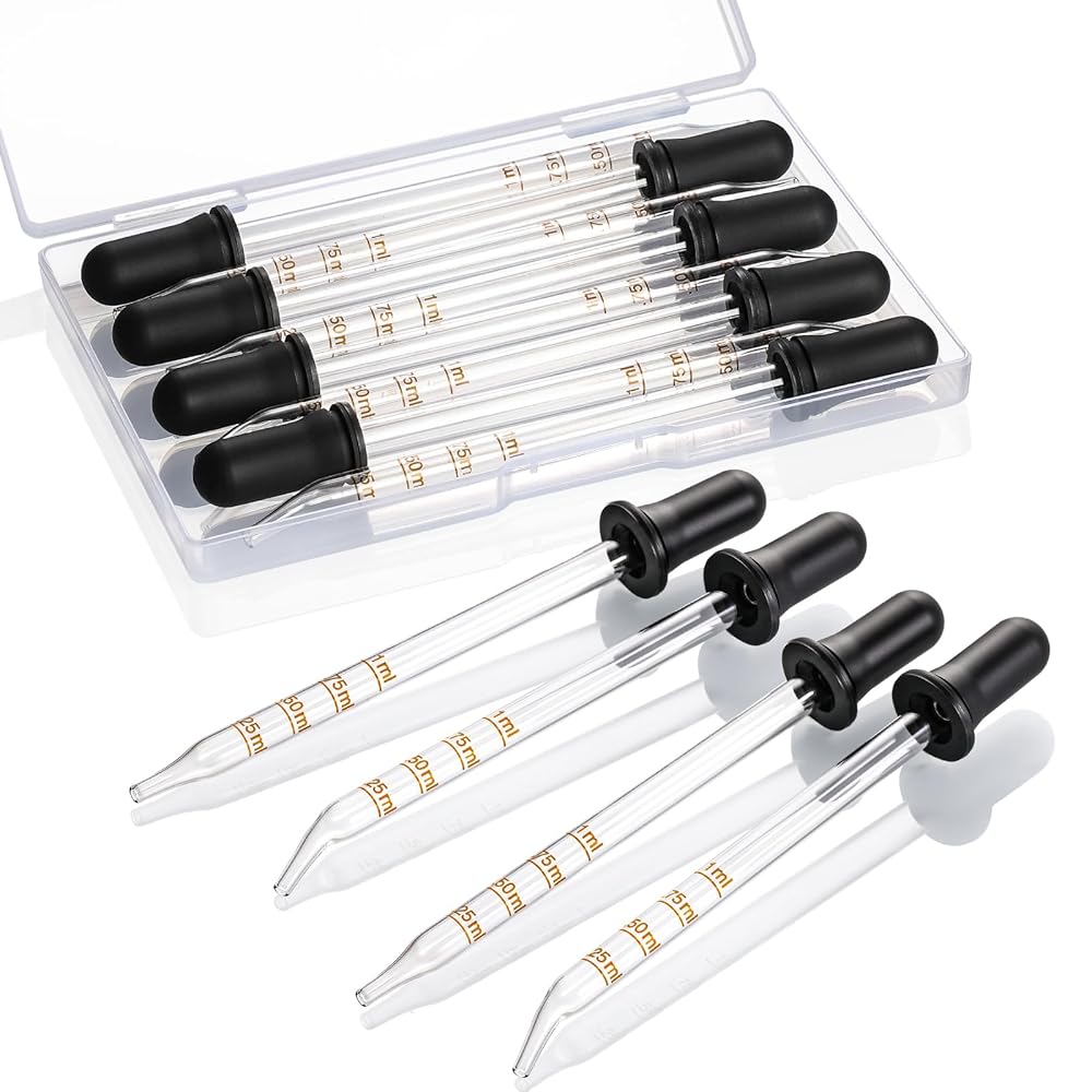 8 Pack, 1 mL Glass Eye Dropper with Measurement - Long Bent & Straight Tip Calibrated Glass Medicine Droppers, Accurate Dose Pipette Dropper for Essential Oil, Feeding, Ear, Eye, Lab, Health, Beauty