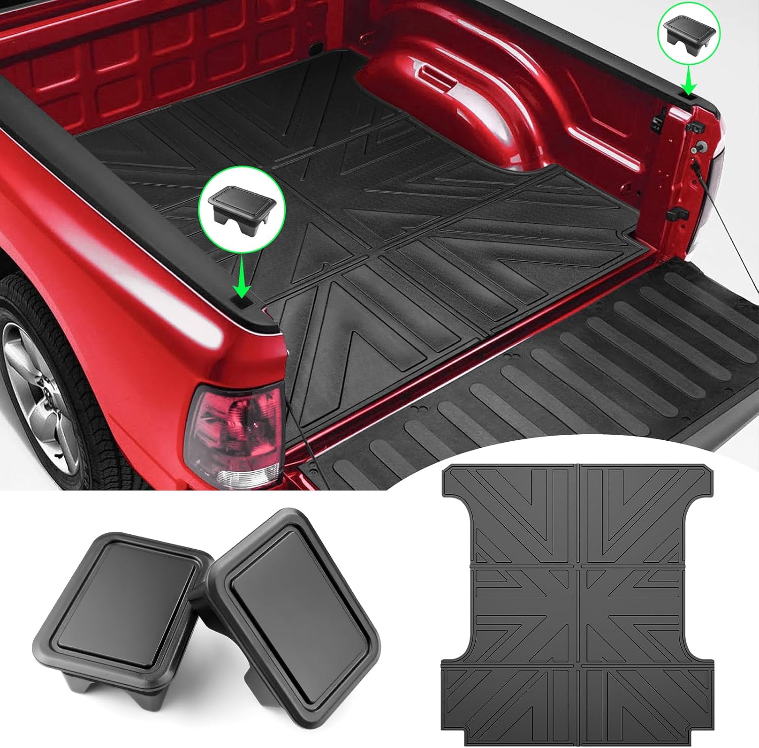 Bed Mat & Stake Pocket Covers for 2019-2024 Dodge Ram 1500 5.7 FT Truck Short Bed Liner with Rear Bed Rail Stake Pocket Cover for 19-24 Dodge Ram 1500 Pickup Accessories Fit 2019-2024 Ram 1500