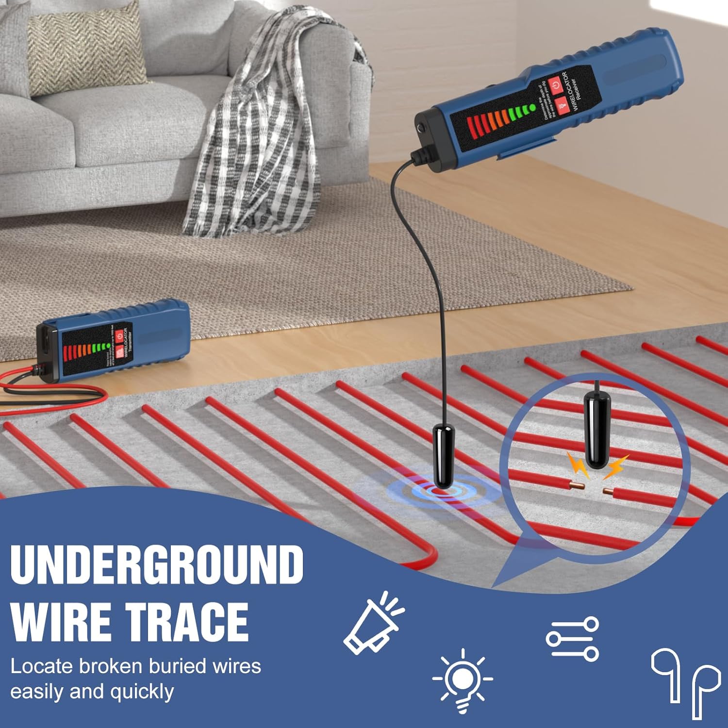 F04 Underground Wire Locator, Cable Locator with Earphone, Buried Wire Detector for Locating Breakage Cables & Wires Dog Fence Cables