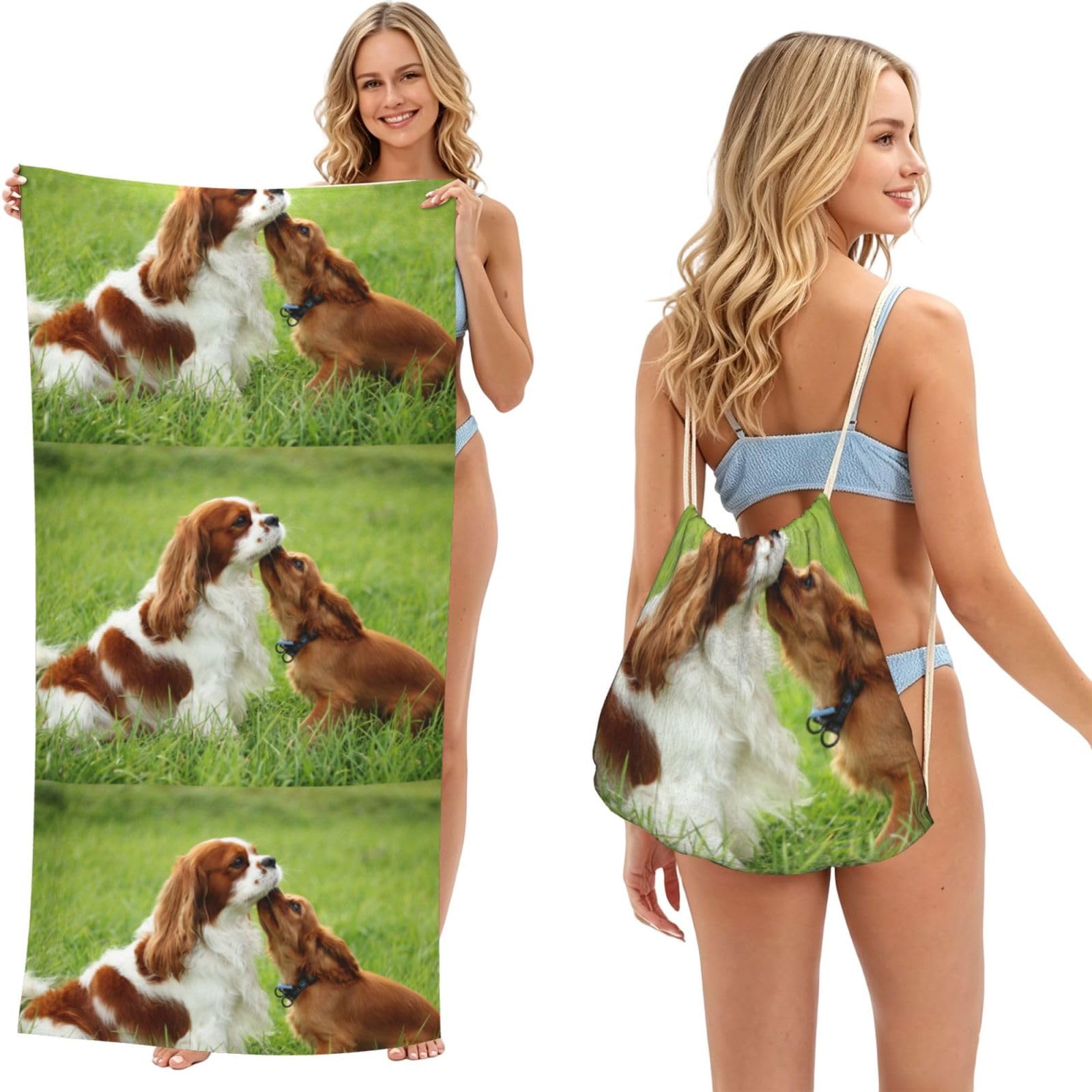 Poadnly As Picture Cavalier King Charles Spaniel, 2 In 1 Packable Towel Bag, Beach Towels With Drawstring Backpack For Travel Holiday Camping