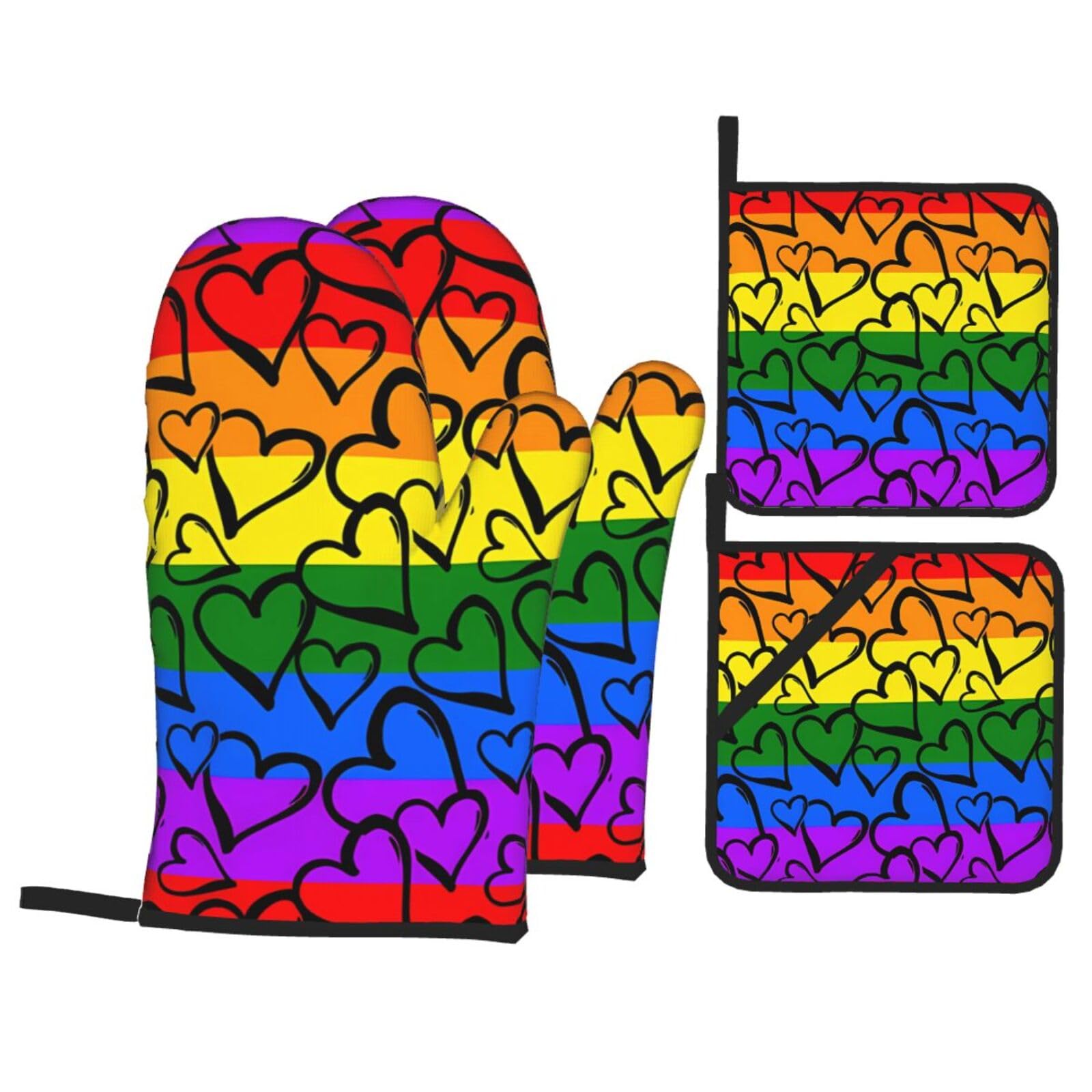 WHJSHOP Gay Pride Rainbow Pattern Prints Kitchen Baking Throw Set with Heat Resistance, Waterproof Oven Mitts & Pot Holders for Cooking, Grilling & Handling Hot Dishes