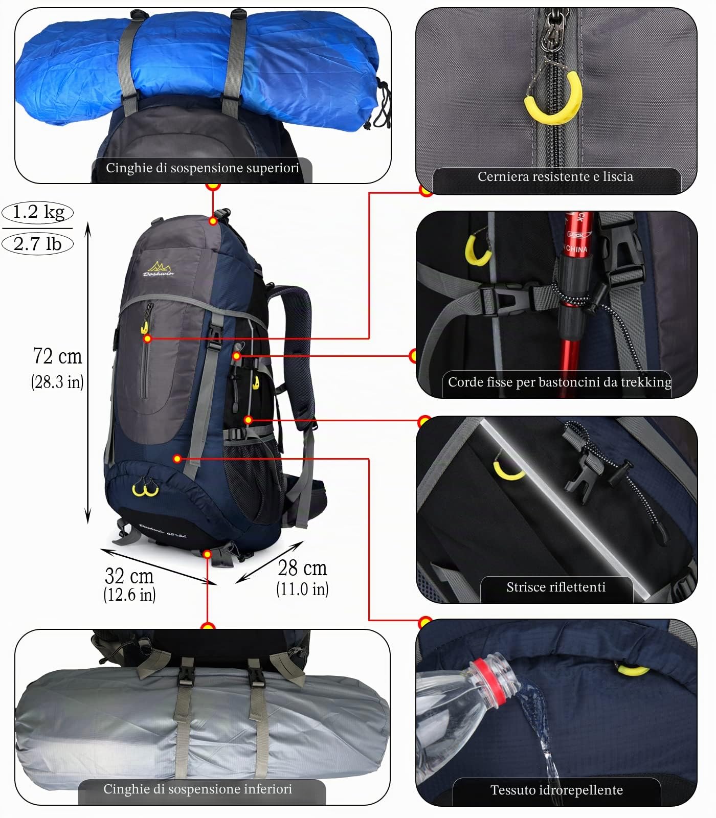 70L Zaino da Escursionismo Trekking Campeggio Viaggio Grande per Uomo Donna