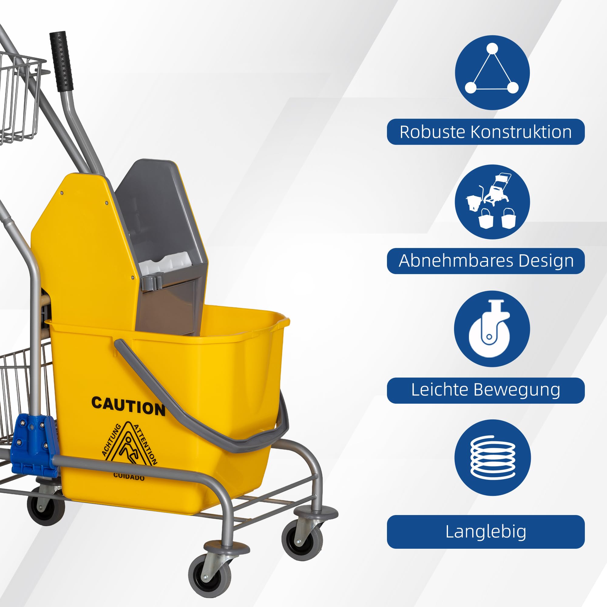 HOMCOM Carrello per pulizie Carrello per pulizie 26 litri Carrello con strizzatore, carrello domestico con rotelle, gancio per mocio Giallo