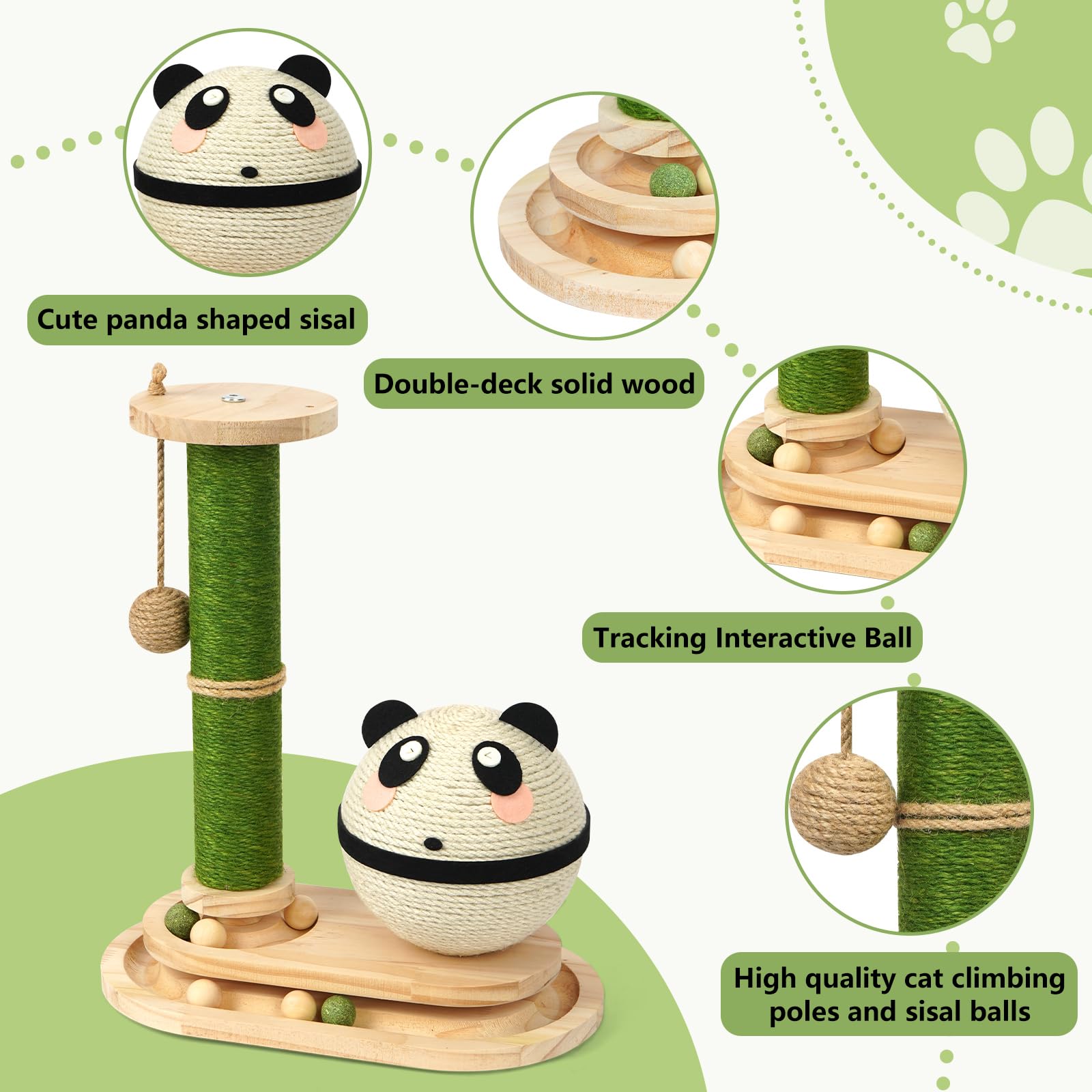Cat Scratching Post, Panda Cat Grabs Sisal Ball Kitten Toys for Indoor Cats Wooden Ball Track Two-Layer Modern Sisal Cat Tree Tower Scratch Post Interactive Toy with Dangling Ball