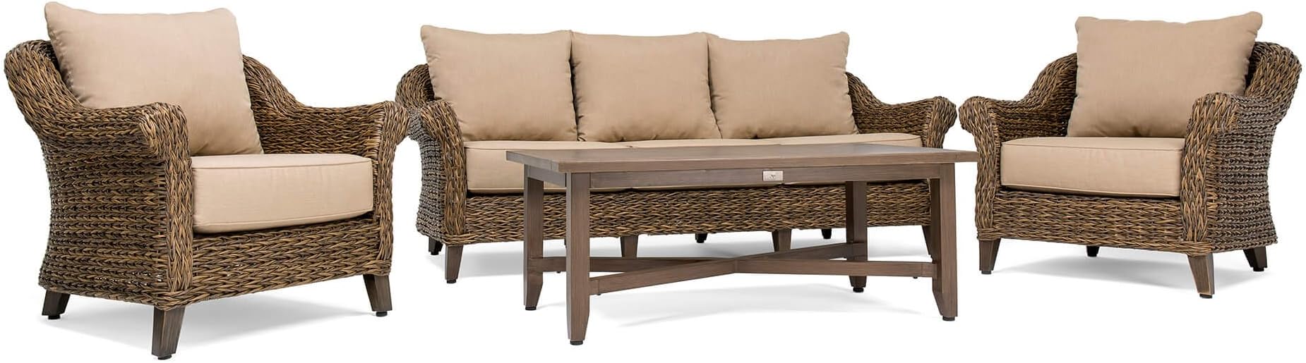 Outdoor Bahamas 4PC Patio Furniture Conversation Set (Sofa, Coffee Table, 2 Lounge Chairs) with Sunbrella Canvas Heather Beige Cushions