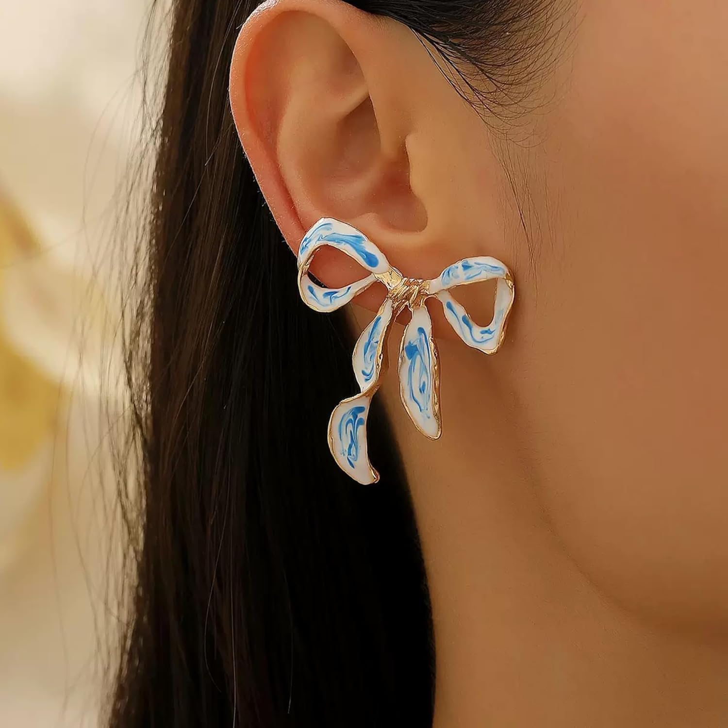 Cute Bow Earrings for Women Blue And White Porcelain Enamel Ribbon Earrings Simple Stylish Jewelry Gift - Image 2