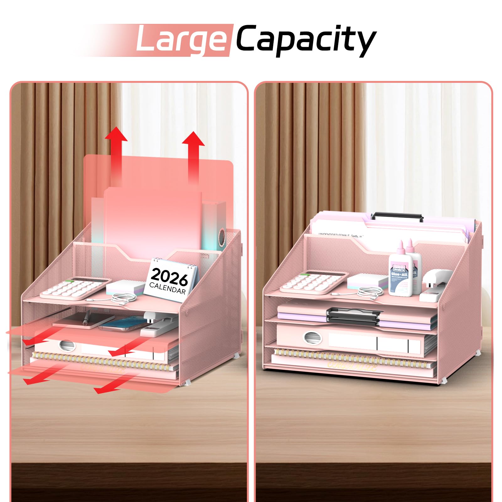 Organiseur de fichiers de bureau, organiseur de papier avec 4 bacs à courrier et 2 sections verticales verticales, organiseurs de bureau et accessoires pour bureau, école, maison (rose)