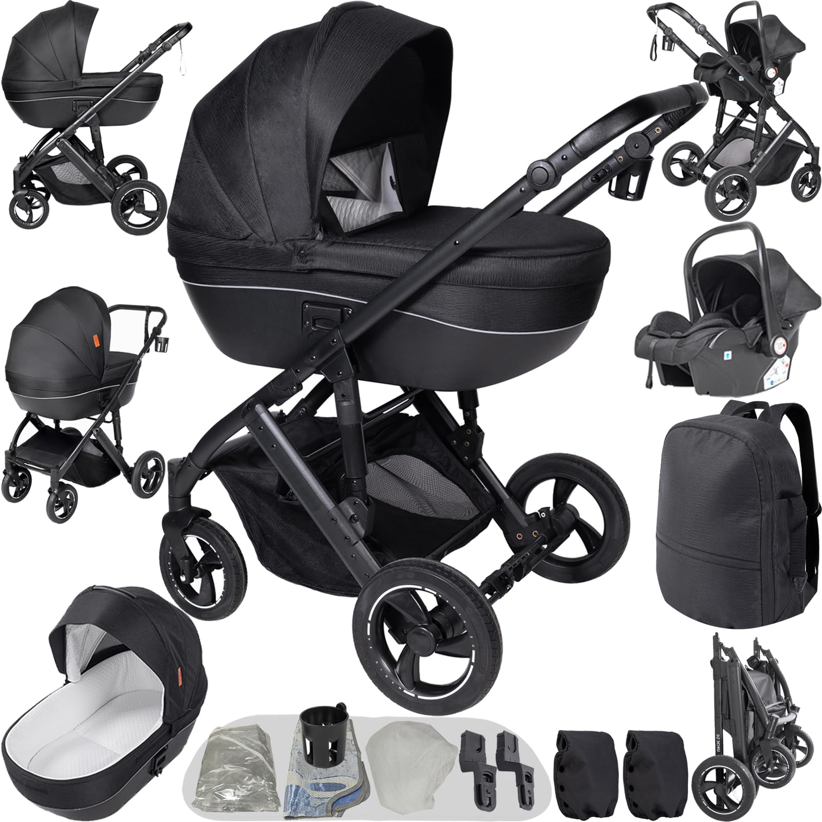 Magic ZC PU Leather 3 in 1 Pushchair Pram Travel System, Baby Stroller 3 in 1 with Reversible Two Pushing Modes, Newborn Infant Carriage One-Click Folding, Toddler Buggy Aluminum Frame (Black 518) — view 45