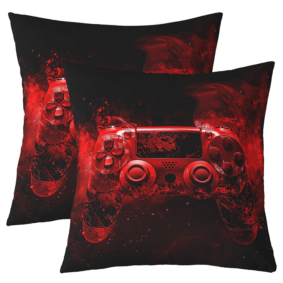 Loussiesd Boys Gaming Square Cushion Covers Set of 2 Gamer Reversible Throw Pillow Covers for Kids Boys Girls Room Decor Game Room Decor Black Red Smokey Pillow Covers Home Decor 45x45cm Gamepad
