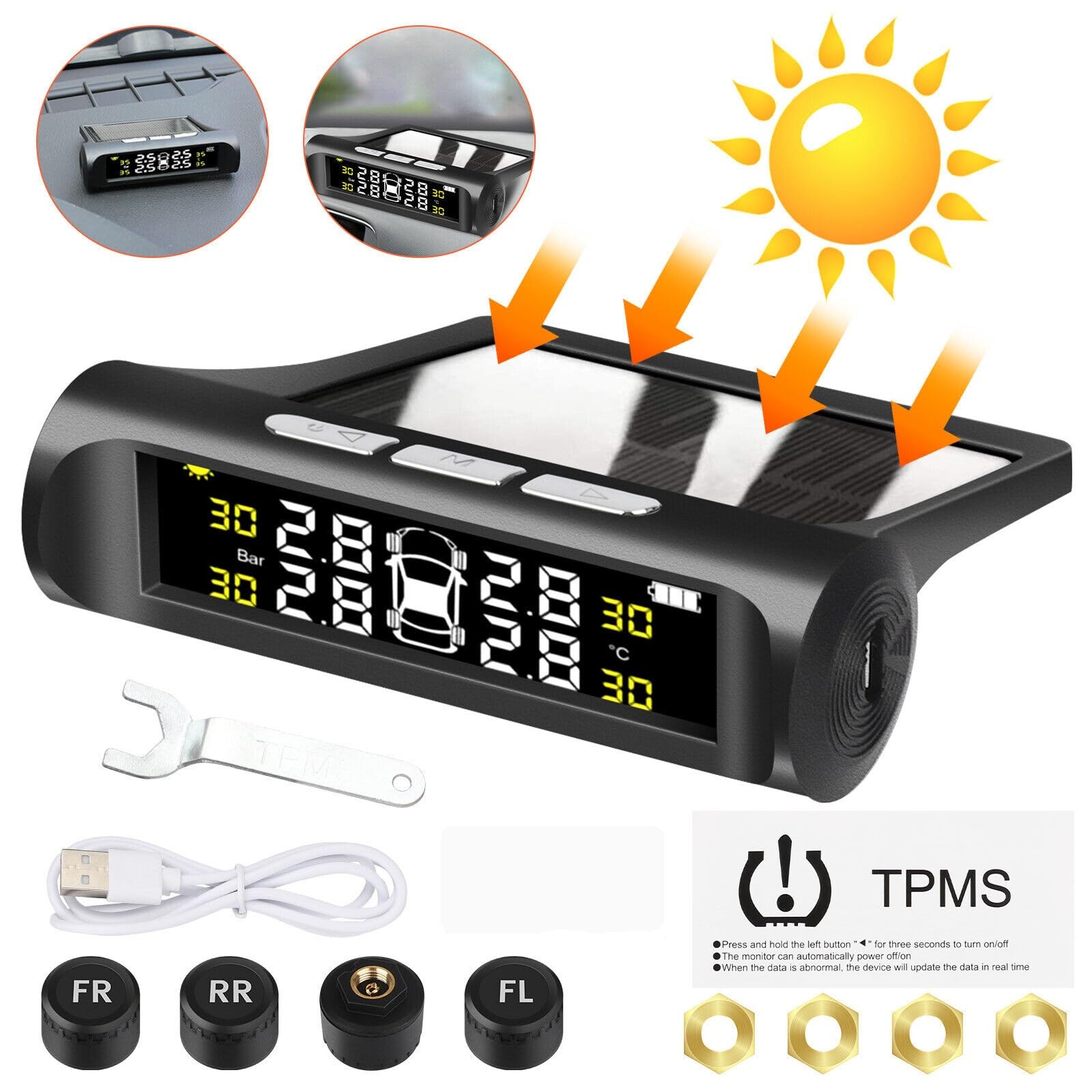 Tpms Sistema di monitoraggio della pressione degli pneumatici for auto a energia solare Sistemi di allarme di sicurezza for auto Avviso di temperatura della pressione degli pneumatici Pressione Pneuma