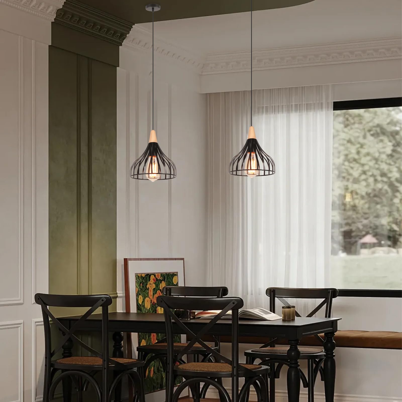 iDEGU Lot de 2 Suspension Luminaire Vintage Plafonnier Abat-jour de Cage Lustre Industriel en Métal Bois Lampe Suspension Rétro pour Salon Chambre Cuisine Salle à Manger Restaurant (Noir 20cm)