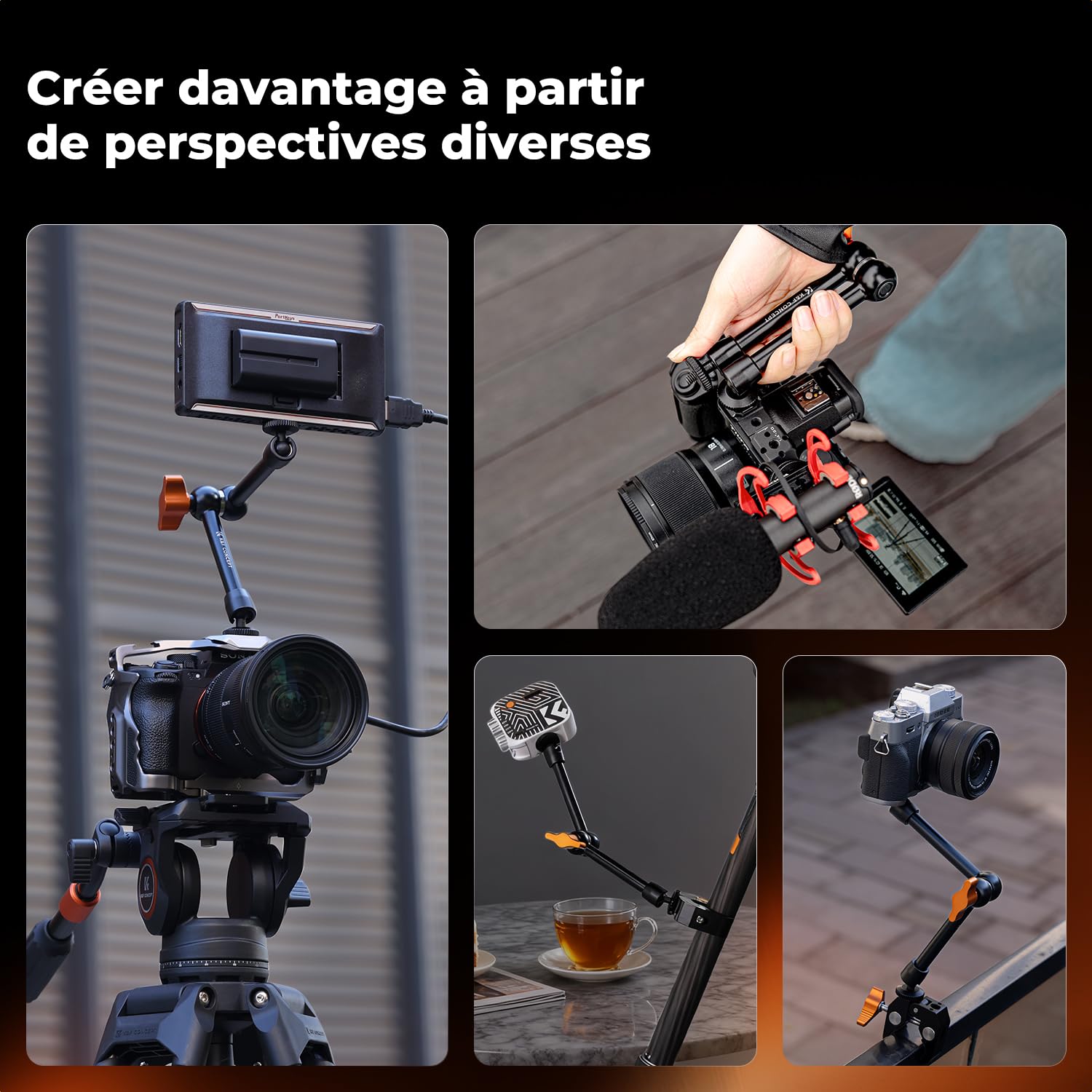 K&F CONCEPT Bras Magique 9.8 Pouce avec Pince Super Clamp et Vis 1/4'' 3/8", Support Articulé Réglable pour Moniteur, Appareil Photo, Lumière LED, Microphone, Trépied Vidéo