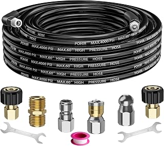 POHIR Sewer Jetter Kit for Pressure Washer 25FT, Hydrojet Drain Cleaning Kit with Button Nose, Rotating Sewer Jet Nozzle and 1/4” NPT, 4000 PSI Durable Sewer Jetter Hose with Pressure Cleaner Nozzles