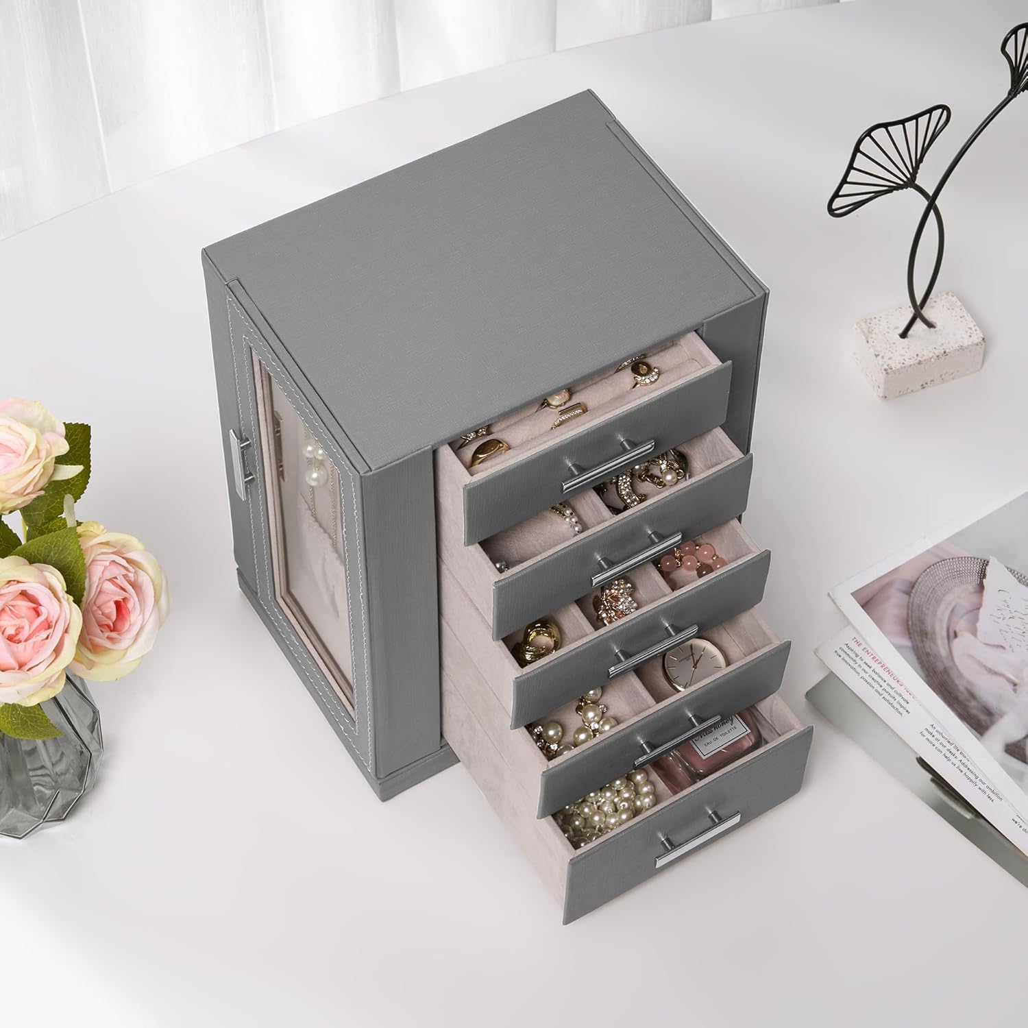 ANWBROAD Jewelry Box For Women 360° Rotating Jewelry Storage Case With 5 Drawers Jewelry Organizer With 2 Glass Window Open Design For Necklaces Rings Earrings Mother's Day Gift Gray UJJB011H
