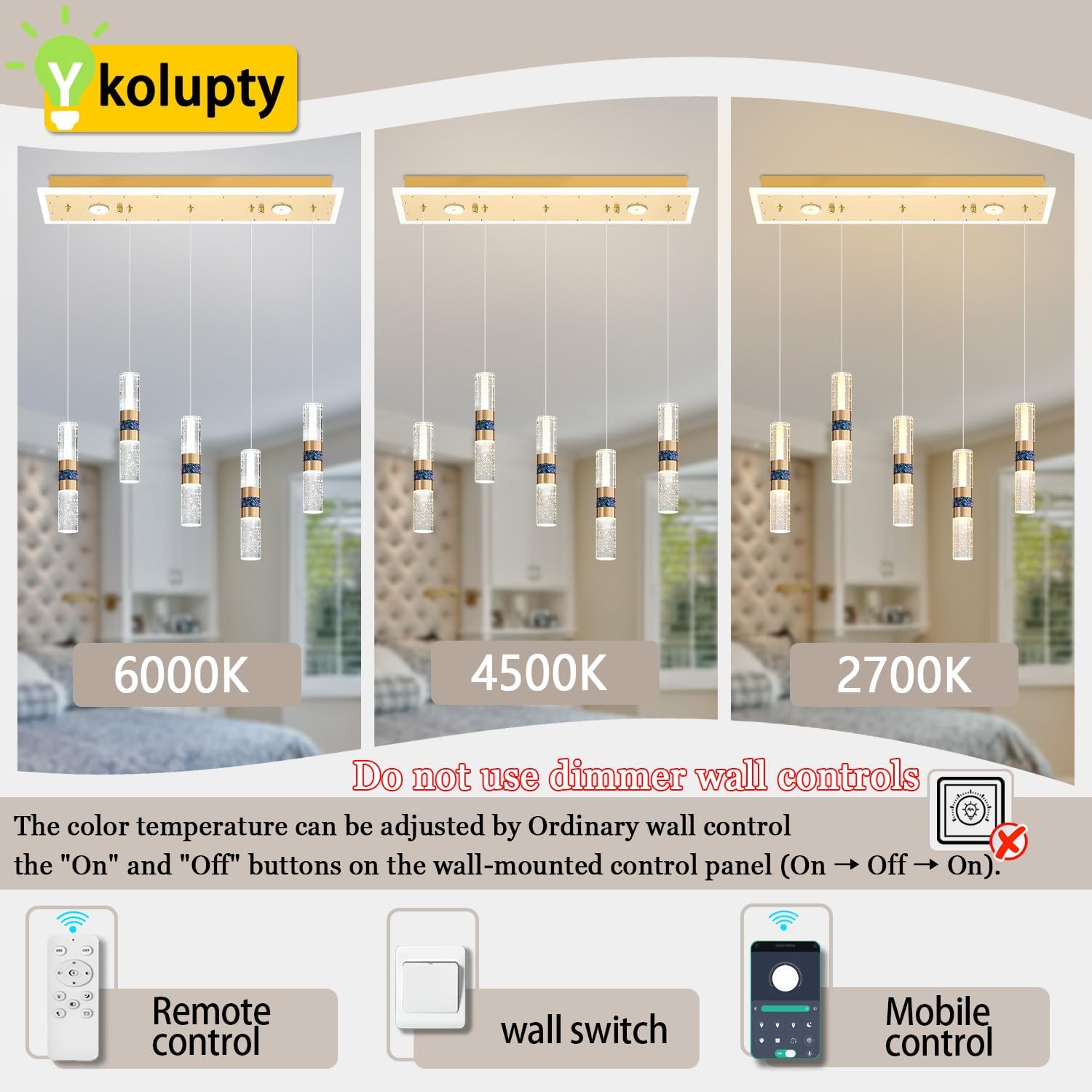 ykolupty 5-Lights Modern Crystal Chandelier Rectangle Pendant Light Kitchen Island LED Dimmable Gold Linear Chandelier Flush Mount Pendant Light for Dining Room Bedroom