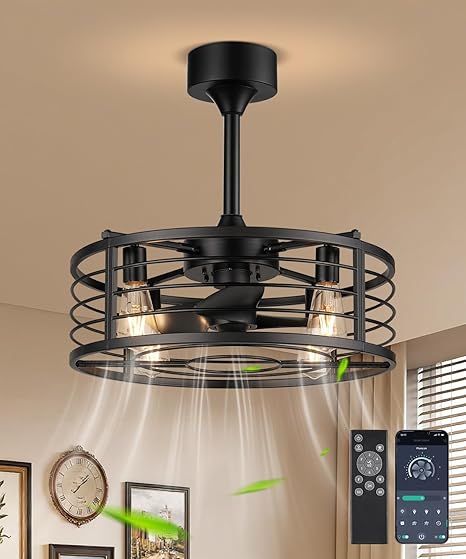 20" Caged Ceiling Fans with Lights and Remote, Fandelier Farmhouse Industrial Fan Lights Ceiling Fixtures Small Ceiling Fan with 6 Speeds and Timing for Kitchen, Bedroom, Outdoor-Black