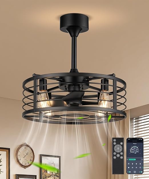 20" Caged Ceiling Fans with Lights and Remote, Fandelier Farmhouse Industrial Fan Lights Ceiling Fixtures Small Ceiling Fan with 6 Speeds and Timing for Kitchen, Bedroom, Outdoor-Black