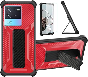 Aroepurt Case Compatible for Vivo iQOO Neo 6 Phone Case Cover [with Tempered Glass Screen Protector] Hybrid Case [Folding Support Magnetic] [Frosted anti-fingerprint] Red