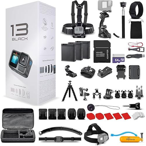 GoPro HERO13 (Hero 13) Black - with 50 Piece Accessory Kit and 2 Extra Batteries + 64GB Card - Waterproof Action Camera - 5.3K HDR, 27MP Photos, 1/1.9" Sensor, Live Streaming, Webcam, Stabilization
